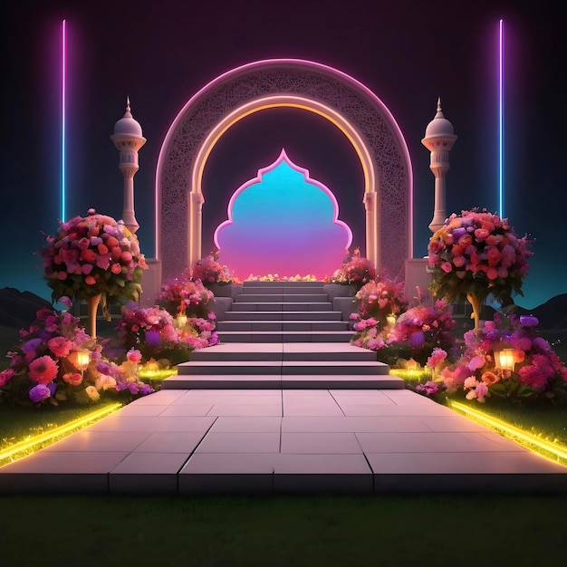 Neon lit Islamic rock stone staircase stage among wedding flowers in dark