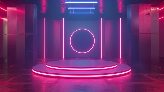 Neon Lit Room with Circular Stage Photograph