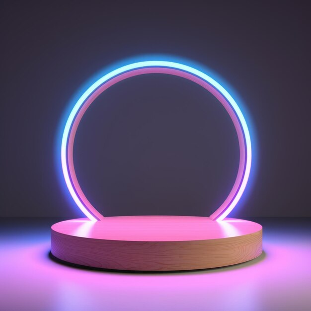 Neon lit round display podium on blue background created using generative ai technology