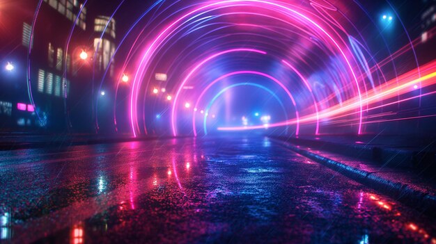 Photo neon lit street with futuristic light trails at night cityscape