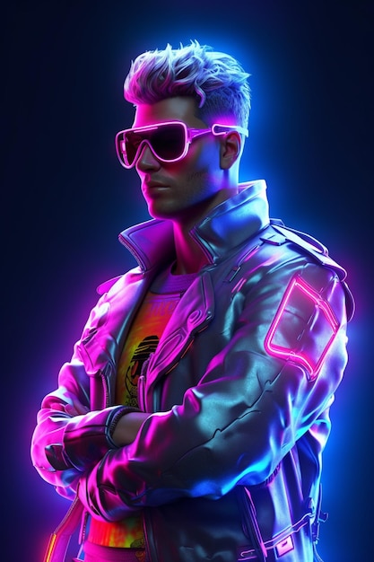 A neon man a neon jacket cyberpunk man