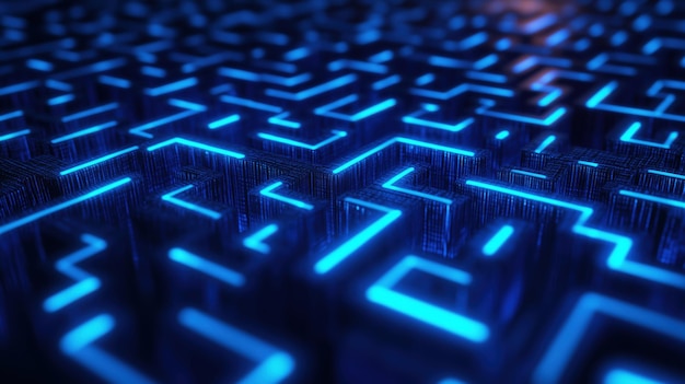 Neon maze pattern with glowing blue lines and digital texture