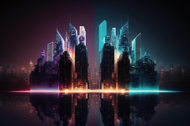 Neon mega city capital towers with futuristic technology background future building Generative Ai