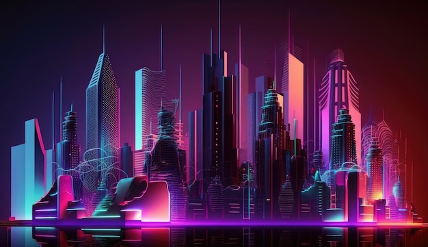 Photo neon mega city capital towers with futuristic technology background future building generative ai