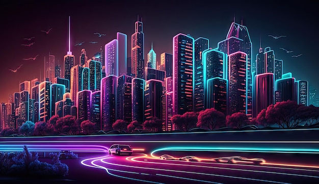 Neon mega city capital towers with futuristic technology background future modern Generative Ai