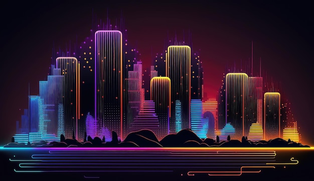 Neon mega city capital towers with futuristic technology background future modern Generative Ai