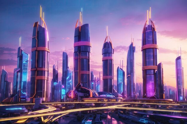 Neon mega futuristic city capital towers ai generative