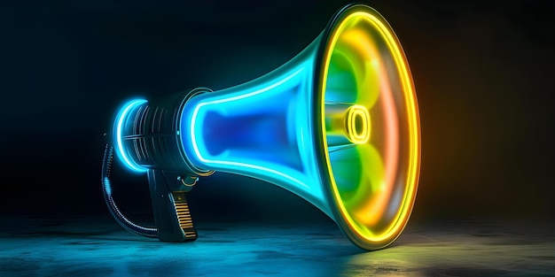 Neon megaphone amplifying marketing buzzwords for SEO social media and PR campaigns Concept Marketing Strategy SEO Optimization Social Media Engagement PR Campaigns Brand Awareness