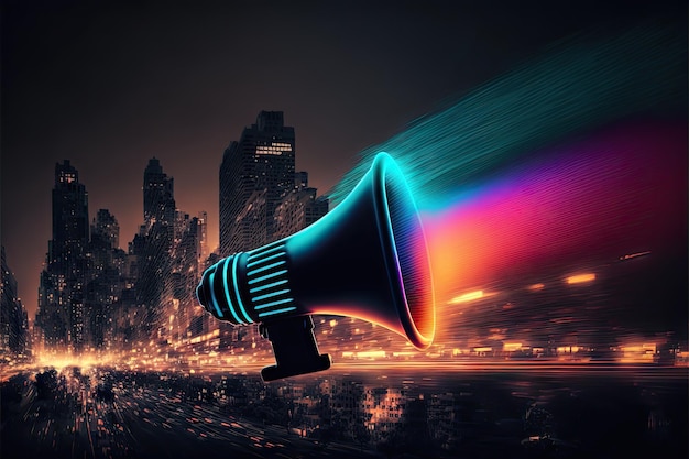 Neon megaphone with blurred dark cityscape in background created with generative ai