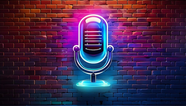 Neon microphone icon with brick wall background 4K high quality glowing electric neon pod