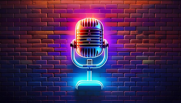 Neon microphone icon with brick wall background 4K high quality glowing electric neon pod