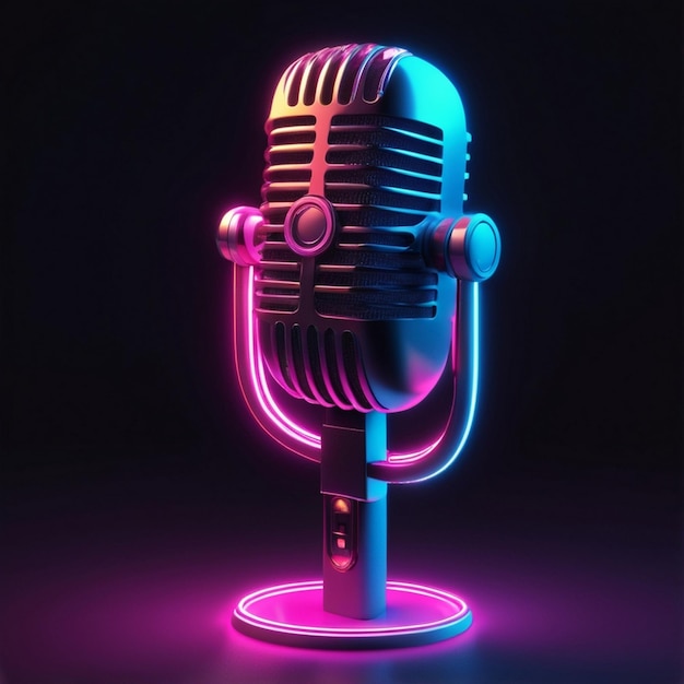 Neon microphone for musical and podcasting concept Black background isolated with futuristic and modern look