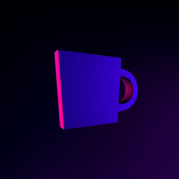 Neon mug icon, coffee break. 3d rendering interface iu ux element. Dark glowing symbol.