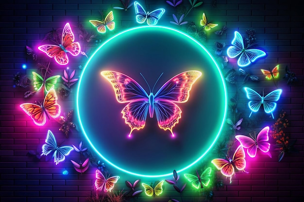 Neon multicolored butterflies in a variety