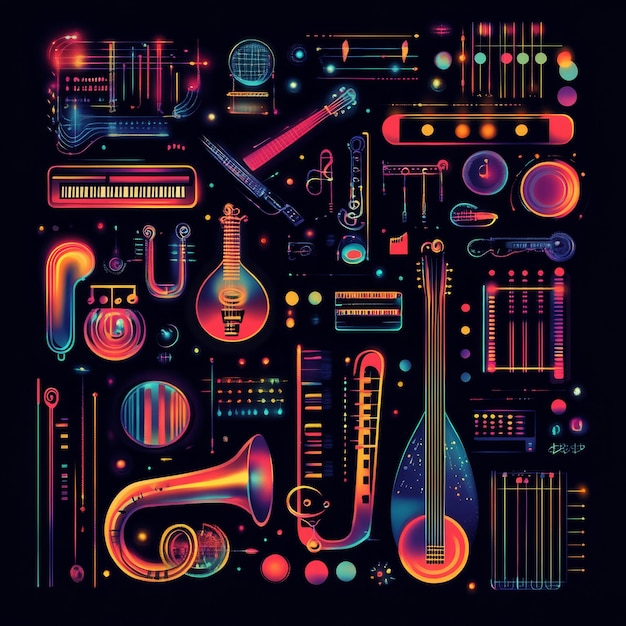 Neon Music Instruments Abstract Art