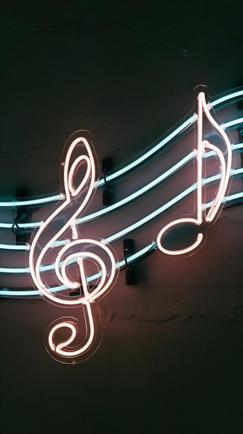 Photo neon music notes on a dark background