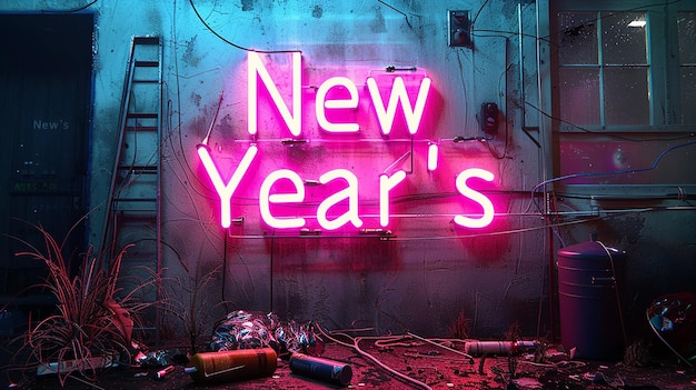 Photo neon new years sign in gritty and grungy style