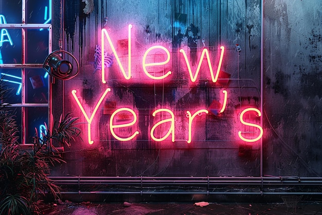 Photo neon new years sign in gritty and grungy style