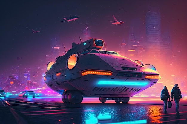 Neon night city crossing with futuristic hovercraft on the background