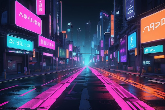 Neon night city road crossing Ai generated image