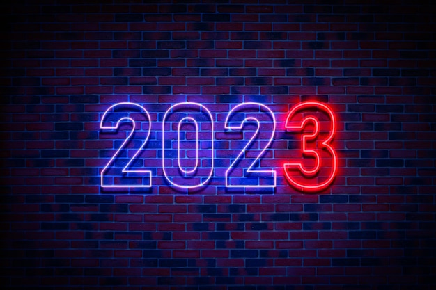 A neon number 2023 on the wall happy new year holidays neon frame in the night outdoors