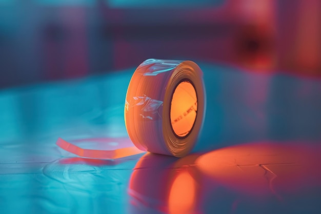 neon orange duct tape roll on a reflective surface industrial concept