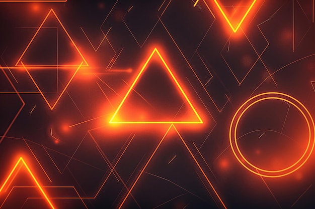 Neon orange geometric shapes glow against dark background Vibrant triangles circles create dynamic