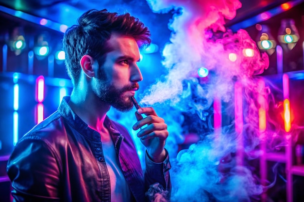 Neon Party man vaping in club smoke illuminated by blue and pink lights