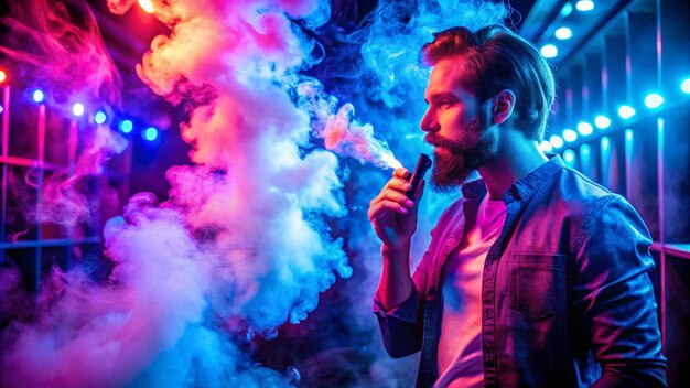 Neon Party man vaping in club smoke illuminated by blue and pink lights