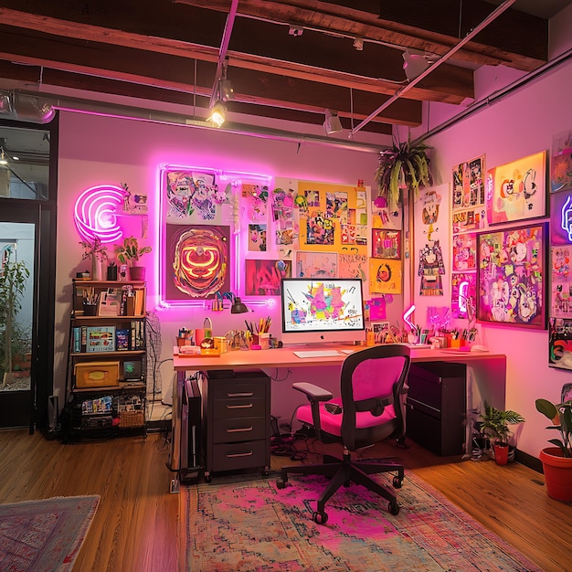 Neon Pink Decorated Home Office with Exposed Beams