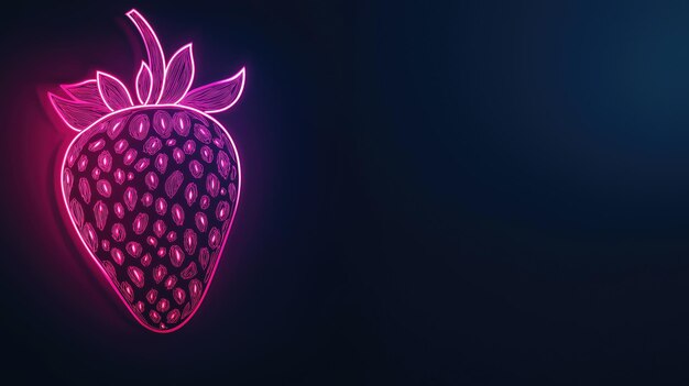 Photo neon pink strawberry outline on a dark background with black copyspace