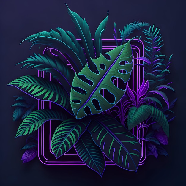 A neon plant with leaves in a square frame