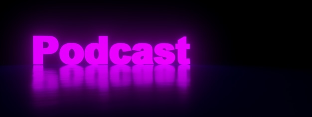 Neon podcast inscription over purple background, panoramic image, 3d rendering