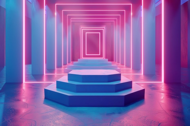 Neon Podium in a Digital Maze