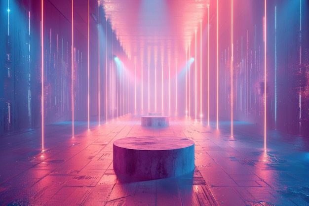 Neon Podium in a Futuristic Corridor