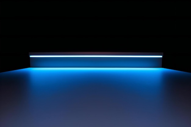 Neon podium illuminated with blue light on black background