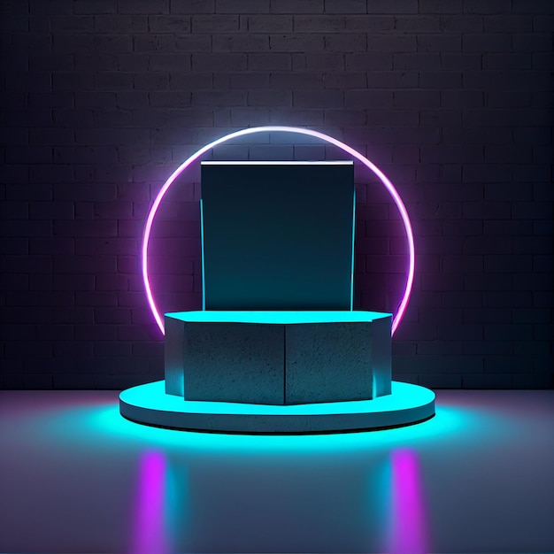 Neon podium or platform for product presentation display with futuristic scene Generative AI