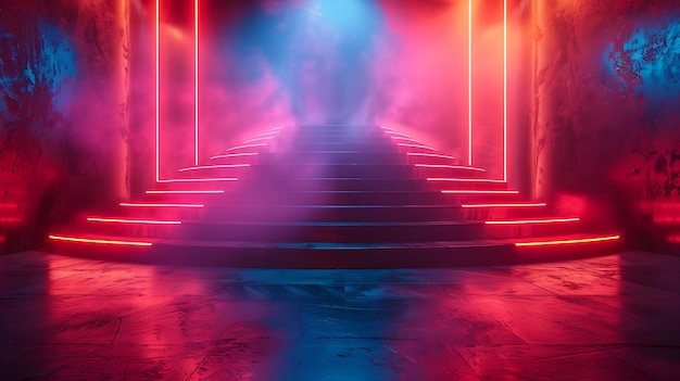 Neon podium with holographic effects in a hightech presentation