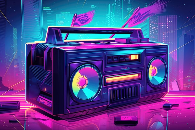 A neon poster with a boombox and a radio on it