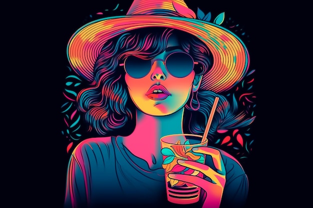 A neon poster of a woman holding a cocktail in her hand.