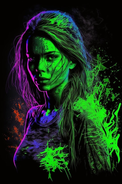 A neon poster of a woman with a black and green paint on her face.