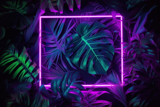 Neon purple neon frame with a tropical plant on a dark background