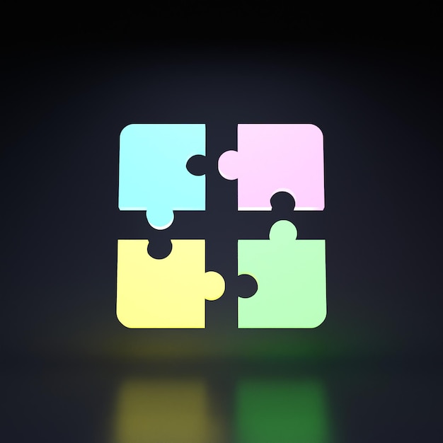 Neon puzzle Teamwork concept 3d render illustration