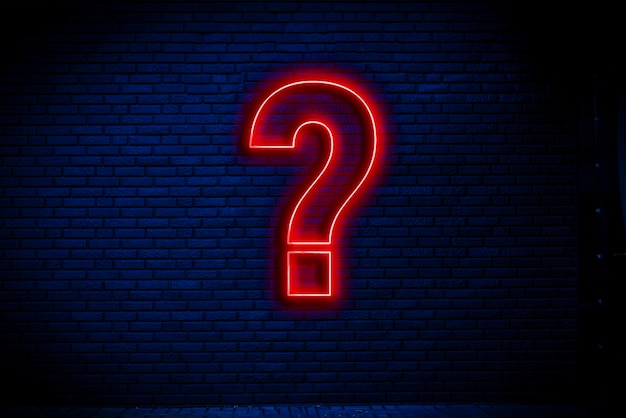 A neon question mark sign attatched to the wall