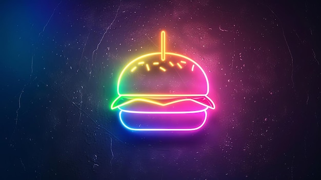 A neon rainbow burger sign on a dark textured background