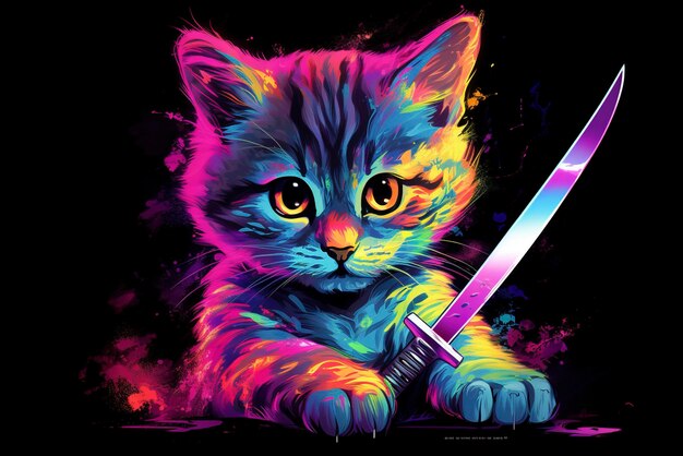 Neon rainbow cosmic kitten with a knife in a sharp pink neopop illustration style