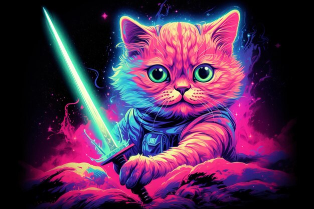 Neon rainbow cosmic kitten with a knife in a sharp pink neopop illustration style