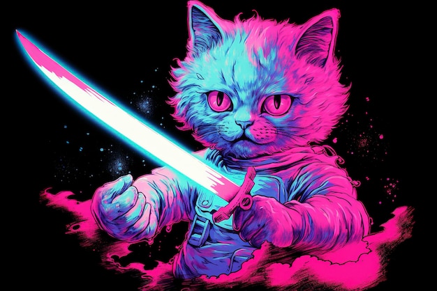 Neon rainbow cosmic kitten with a knife in a sharp pink neopop illustration style