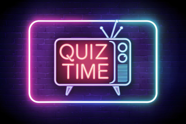 Neon rectangular frame with QUIZ TIME in red and blue dark brick wall backdrop