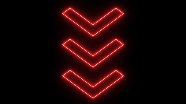 Neon red arrows pointing downwards on a black background